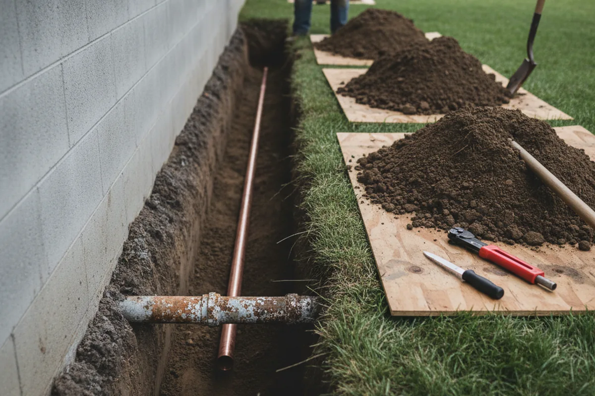 Excavated water line trench during Water Softener Installation in Savage